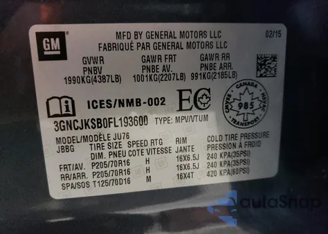 2015 Chevrolet Trax Ls из США, поврежденный, VIN 3GNCJKSB0FL193600